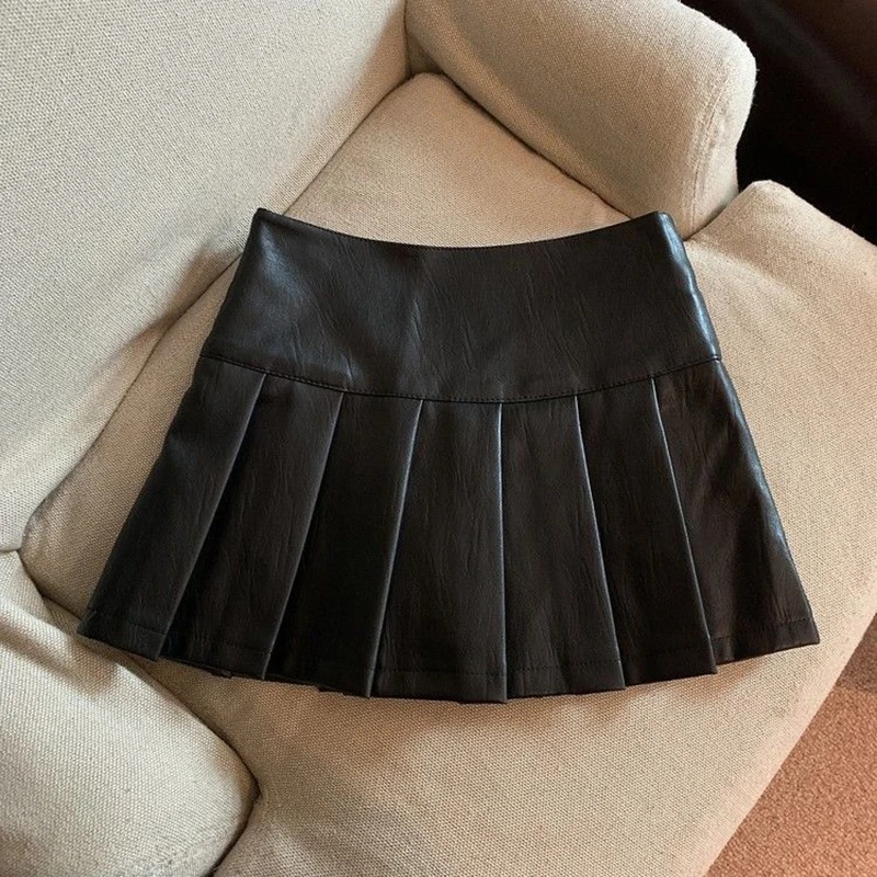 XS-3XL Y2K Pu cuir Mini jupes femmes Streetwear taille haute jupe plissée Vintage coréen noir mince décontracté une ligne jupes