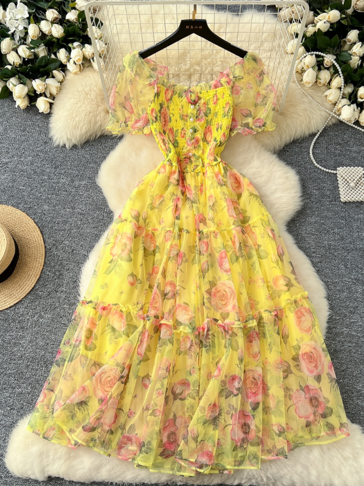 Rétro floral en mousseline de soie Dr taille femme cintrée une épaule bulle Sve Me jupe trajet coréen Sle taille haute a-ligne...
