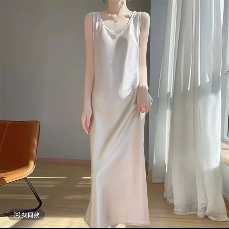 Robe maxi décontractée pour femmes, grande taille 5XL, robe longue en satin d'acétate haut de gamme, col rond, sans manches, vestidos pour femmes