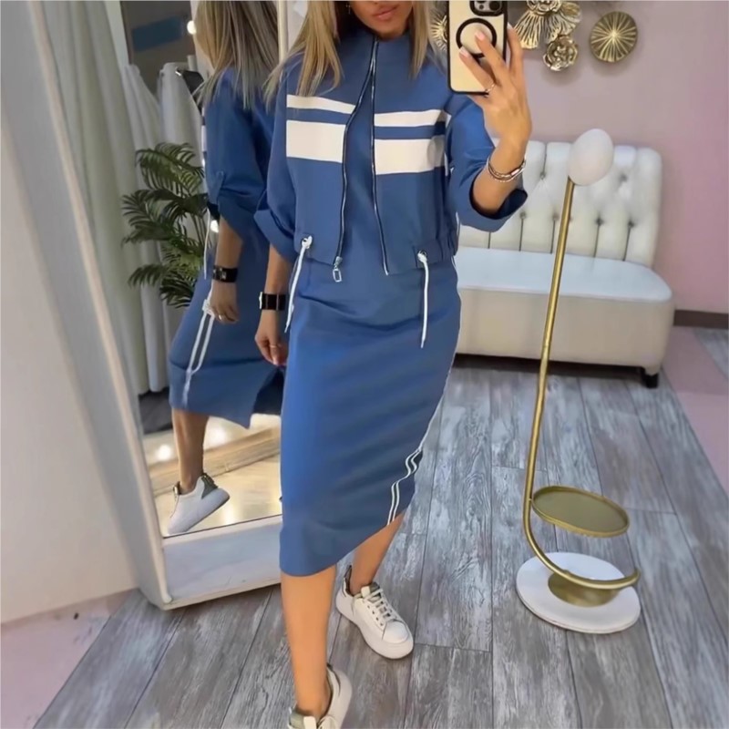 Robe de sport à la mode pour femmes, ensemble veste imprimée rayée, manteau court avec cordon de serrage + robe droite, ensemble deux pièces, vêtements de sport décontractés