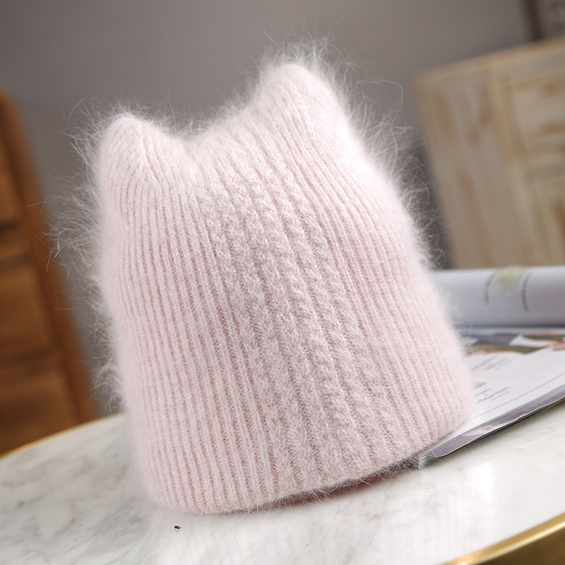 Bonnet en fourrure de lapin Angola pour femme, tricoté, doux et chaud, décontracté, nouvelle collection hiver bonnet femme hiver