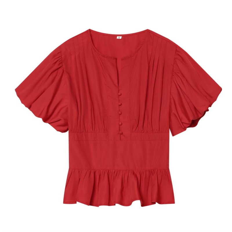 Chemisier à manches bouffantes pour femme, Nouvelle collection Printemps-Été 2026, Style vintage simple, Col rond boutonné, Chemises et chemisiers à plis pour femme, Hauts chics pour femme