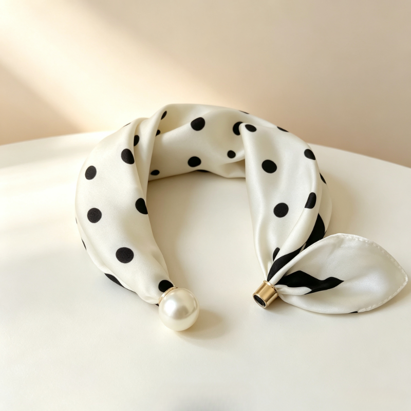 Écharpe de cou en satin pour femmes, petit foulard rayé noir et blanc avec grande boucle magnétique en perles, accessoire de cou élégant et décoratif.