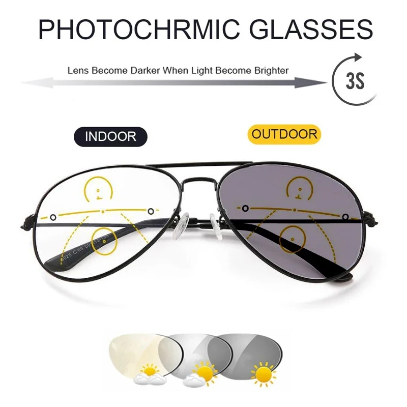 Lunettes de soleil photochromiques lunettes de lecture multifocales pour hommes en plein air classique pilote fini progressif vue de loin lunettes de soleil