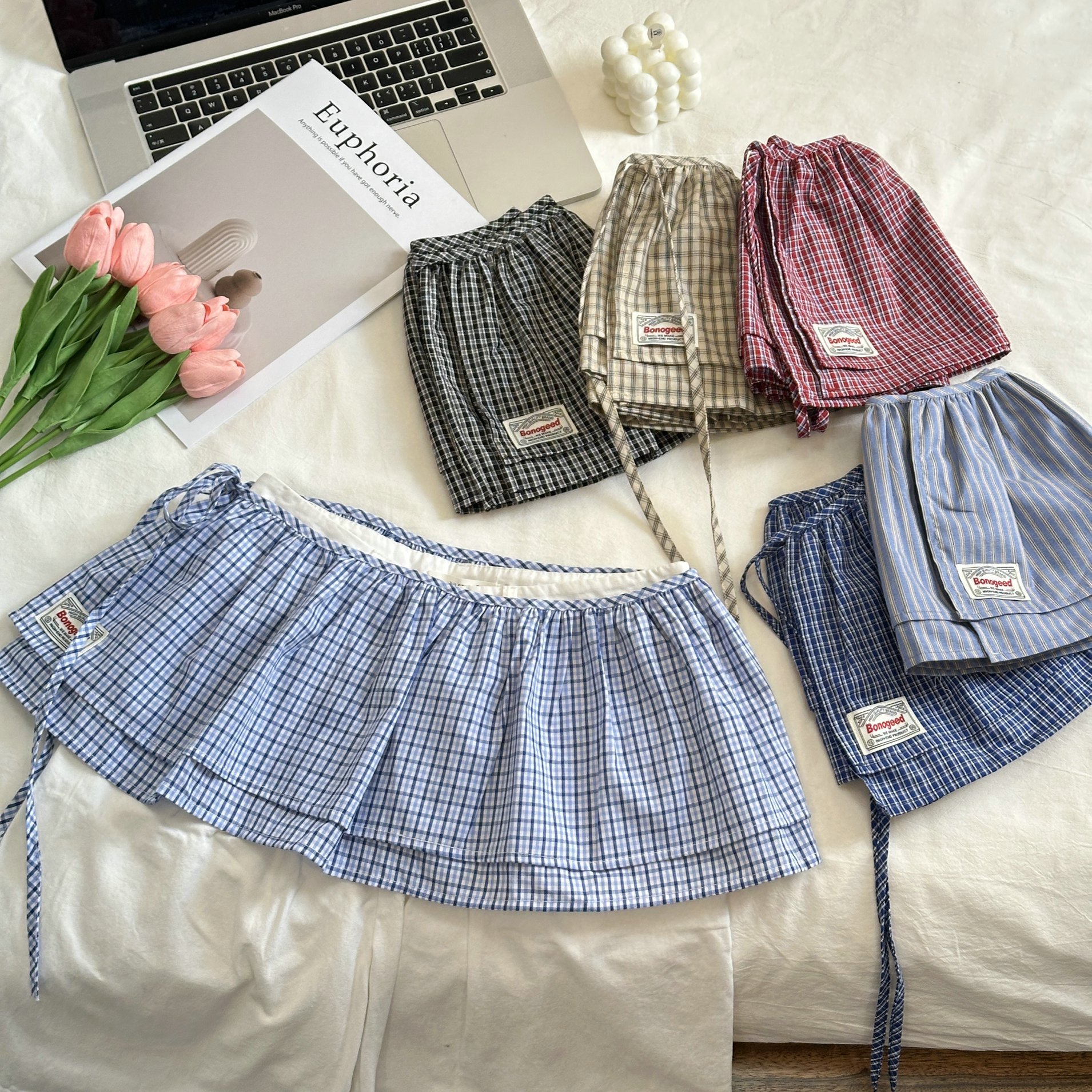 Style coréen 2025 nouvelle mode rétro à lacets Plaid décoratif Double couche pet rideau coton jupe femmes mode jupe