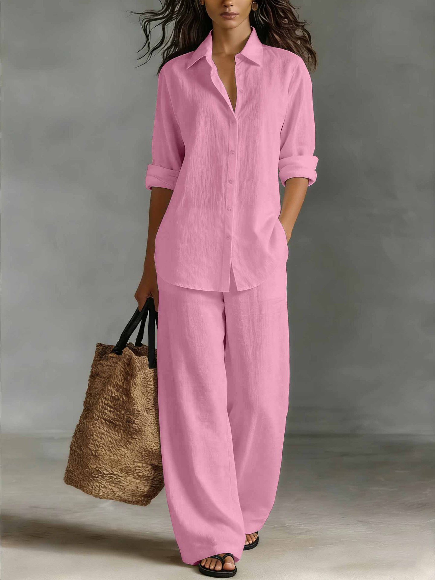 Ensemble de chemise en coton et lin à manches longues pour femmes, pantalon large en coton et lin pour le printemps et l'automne, ensemble de bureau 2 pièces pour femmes