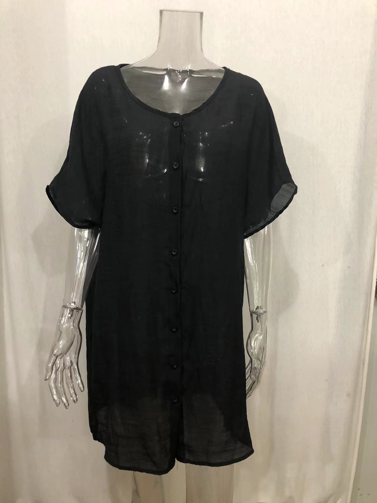 Femmes coton lin longue Blouse été à manches courtes solide bouton Blouse chemise décontractée Vintage surdimensionné S-8XL FYY1071