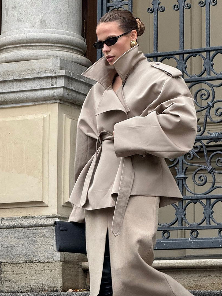 Femmes kaki ceinture courte coupe-vent élégant revers longues manches poches simple boutonnage manteau automne dame décontracté quotidien veste de rue