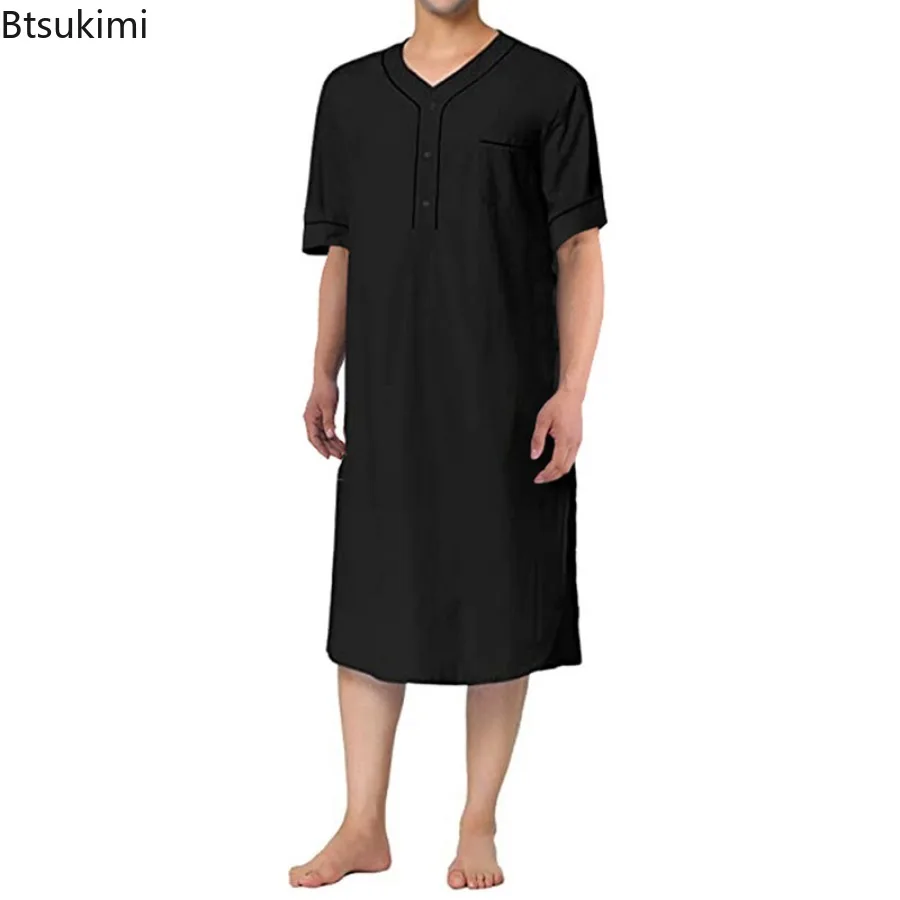 Nouveau 2026 hommes mode musulmane Robes robe à manches courtes solide coton ample col rond loisirs chemise de nuit hommes peignoirs Homewear Abaya