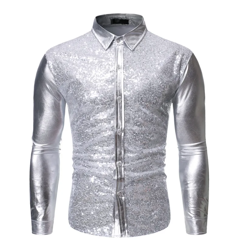 Chemises de luxe à paillettes métalliques rouges pour hommes, manches longues, chemise de fête Chang des années 70, costume de Noël et d'Halloween, nouveau, 2024