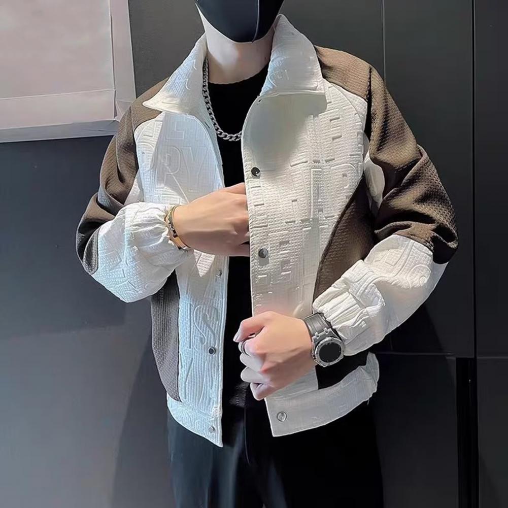 Veste à revers à manches longues pour hommes, manteau coupe-vent, conception bloquée par document, motif de lettres 3D, style hip hop