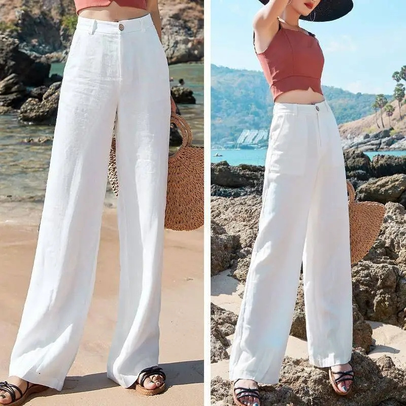 Pantalon en lin taille haute élastique pour femme, pantalon long, jambe droite, monochrome, coton, jambe large, document, vêtements d'été