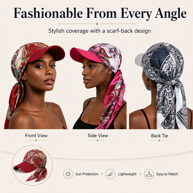 Casquette de baseball pour femme avec foulard intégré, en satin imprimé, protection solaire, à nouer, pour l'extérieur, été, visière pare-soleil