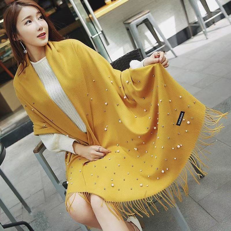 Perles de luxe couleur unie cachemire écharpe femmes hiver chaud Pashmina foulards gland décontracté Bufanda Poncho dame enveloppes châles