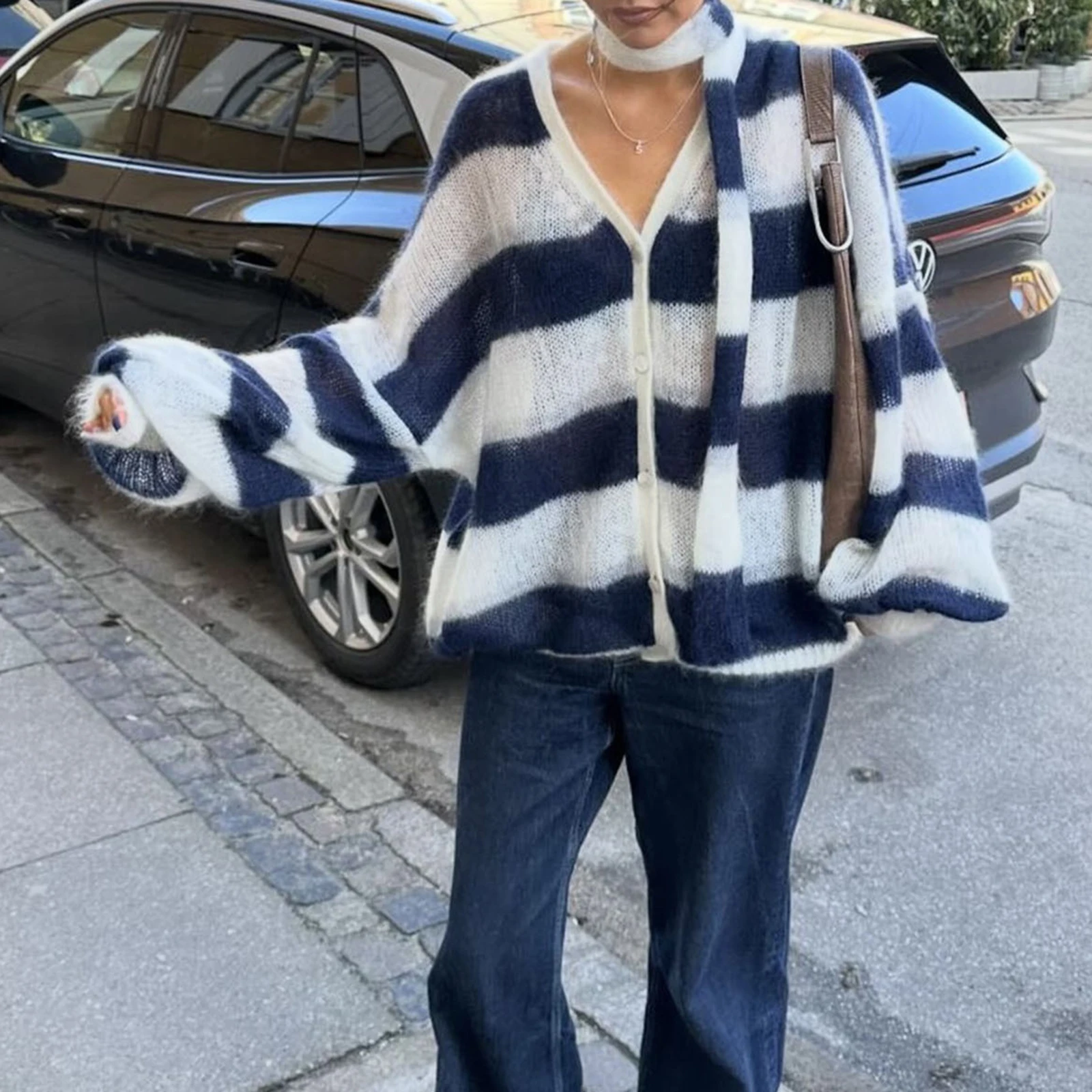 Cardigan à manches lanterne pour femmes, pull rayé avec écharpe, haut rétro pour documents d'abonnés, mode féminine