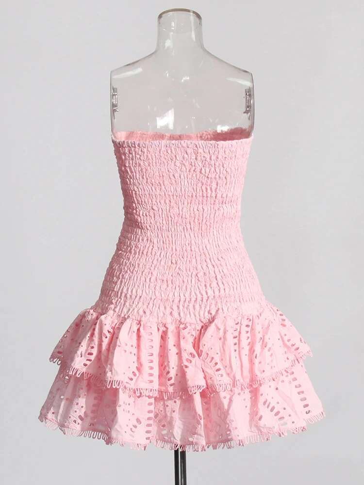 Robe plissée en Patchwork rose pour femmes, tenue décontractée, sans bretelles, sans manches, taille haute, ajourée, élégante, amincissante, P5ZS