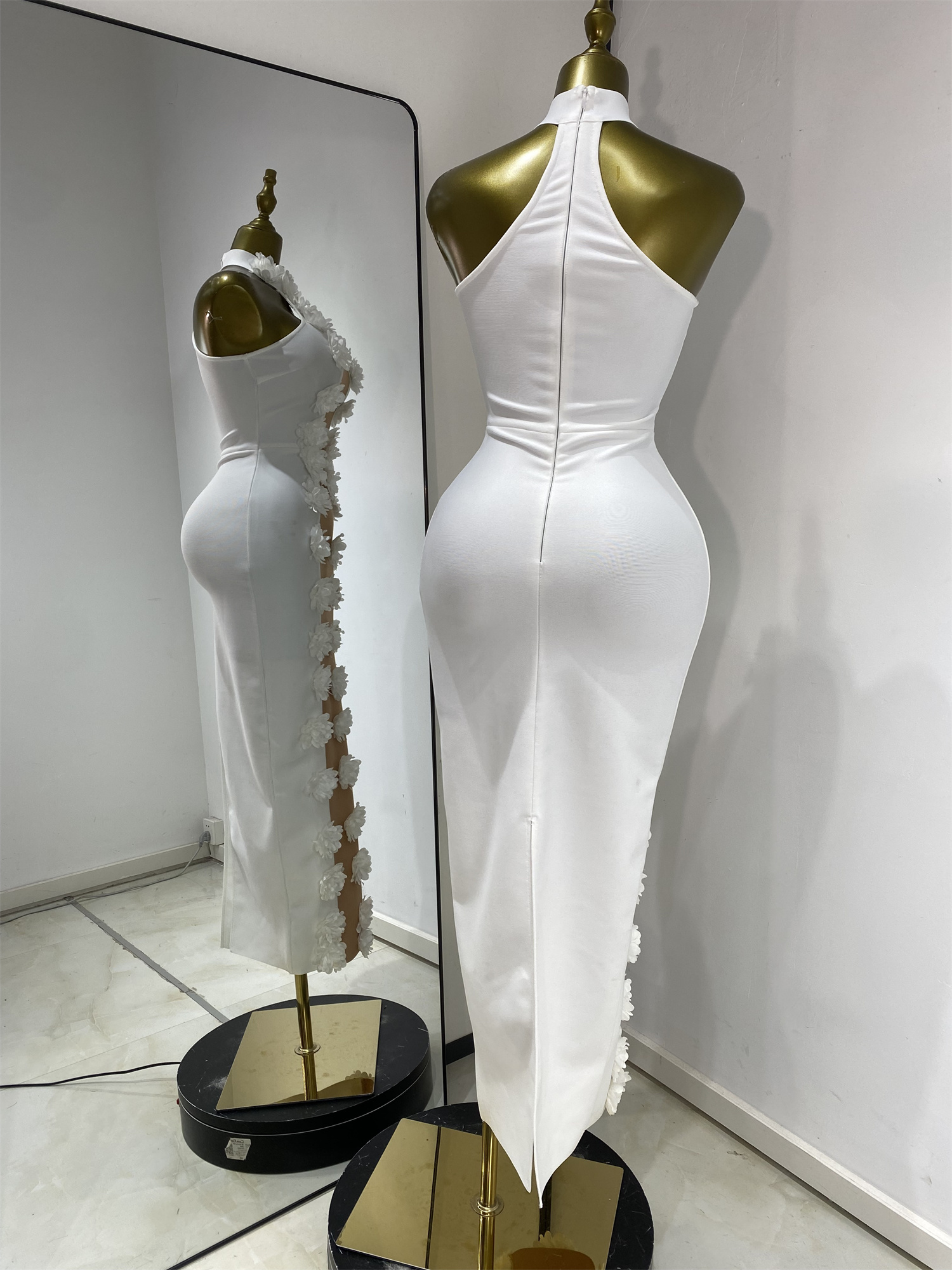 Robes bandage blanches pour femmes, élégantes, beige, patchwork, fleurs, sans manches, moulantes, longues, pour soirée, cocktail, rendez-vous