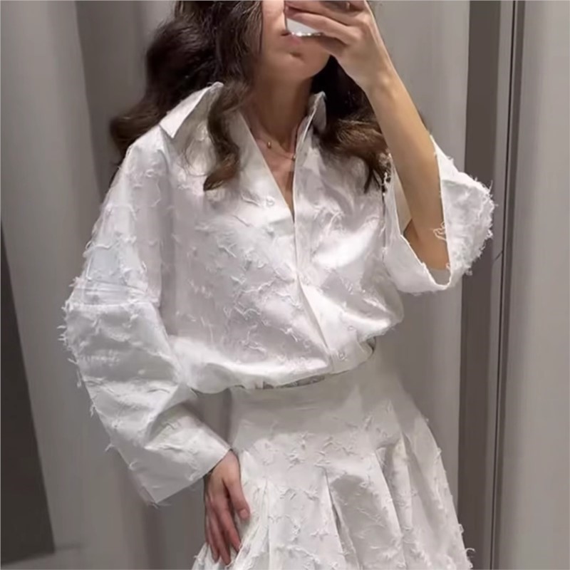 Femmes Design de mode gland Blouse jupe costume élégant blanc revers à manches longues chemise ample a-ligne plissée jupe Midi ensemble assorti