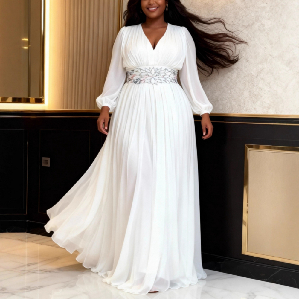 Robe longue blanche en mousseline de soie pour femmes, col en V, manches bouffantes, avec une ligne A, taille plissée, ornée d'un ceinture, tenue de soirée, d'église, de mariage, pour invité