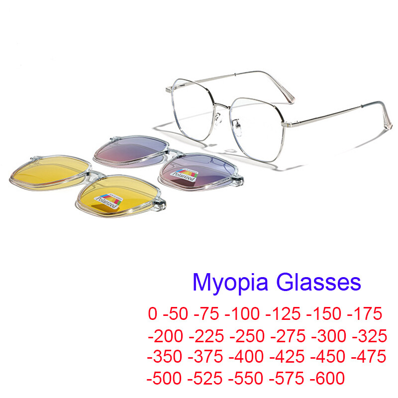 Lunettes de myopie élégantes en métal 3 en 1 avec clip solaire polarisé, pour hommes et femmes, verres sur mesure anti-lumière bleue -1 -2