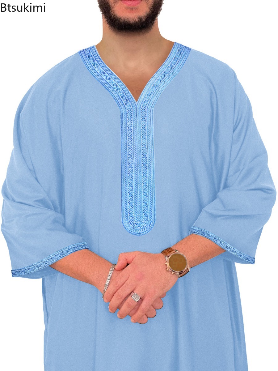 Robe marocaine brodée pour homme 2026, col en V, mode musulmane, abayas avec poches latérales, vêtements arabes islamiques, robe de fête de l'Aïd, robe du Ramadan