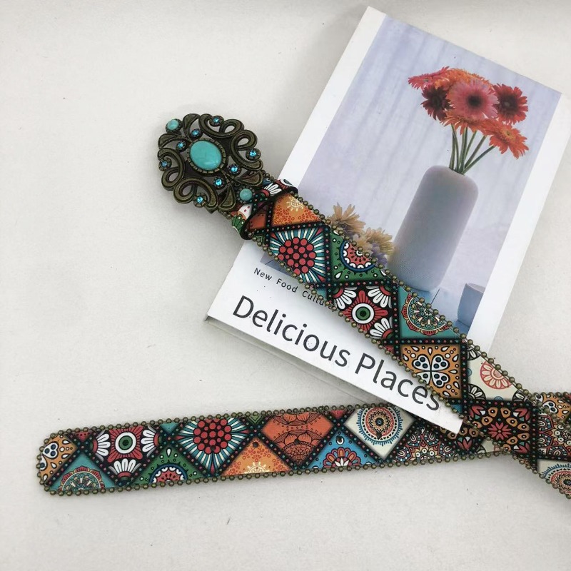 Ceinture à boucle turquoise perlée imprimée de style bohème européen et américain – Ceinture de taille pour femme tendance, polyvalente et à la mode