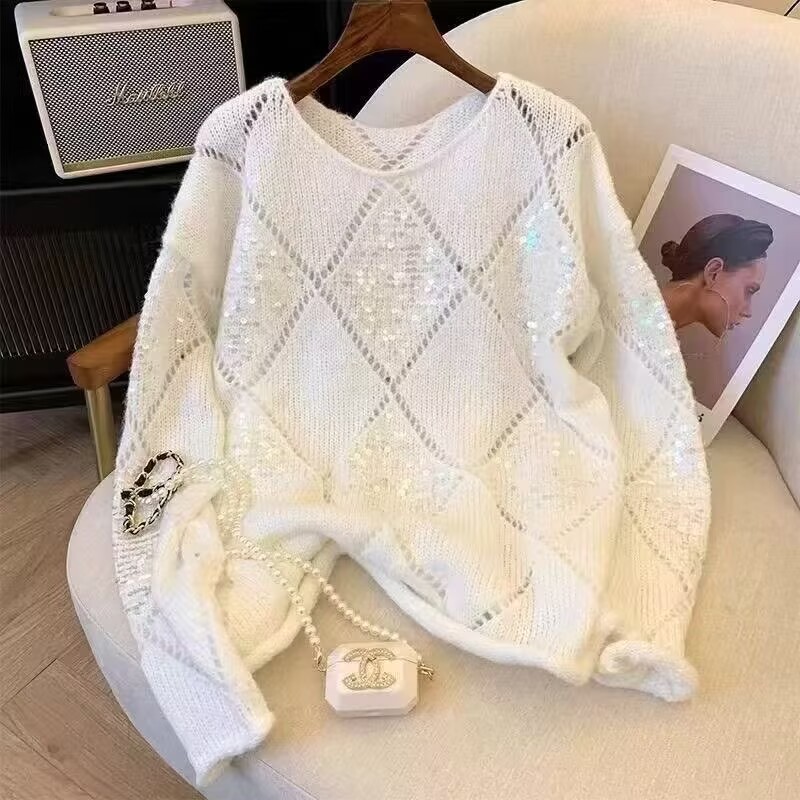 Pull en tricot à paillettes pour femmes, automne