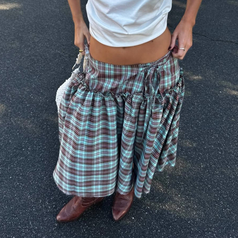 Cottage Plaid taille basse jupe Midi Vintage cravate à volants ourlet une ligne jupe femmes vichy jupe ample à plusieurs niveaux Y2k Streetwear