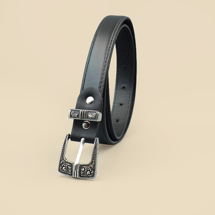 Ceinture pour femmes à bordure noire, couleur unie, ceinture quotidienne décontractée, boucle en alliage sculpté en argent, Date de déplacement quotidien, accessoires de mode