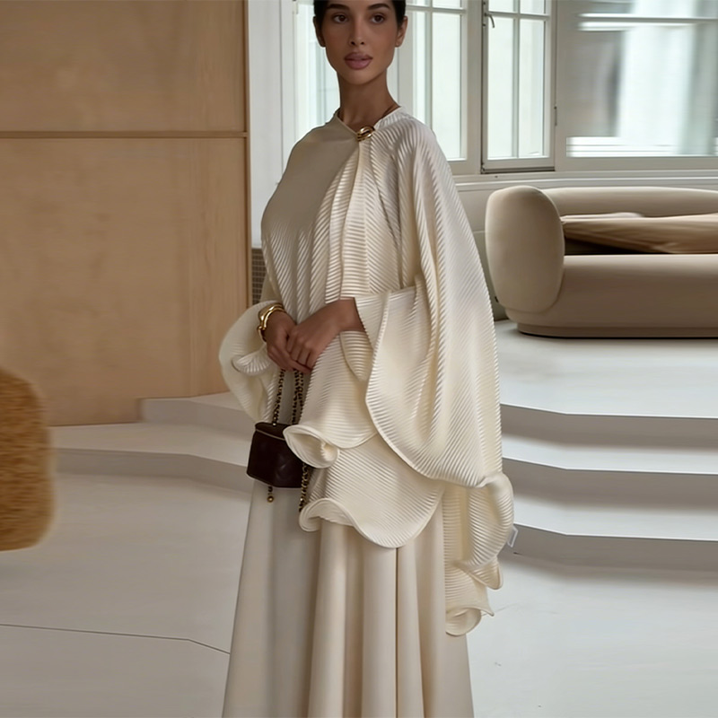 Ensemble deux pièces crème minimaliste pour femme 2026 : Blouse à manches bouffantes et robe longue évasée sans manches – Tenue décontractée et modeste pour le travail et le quotidien