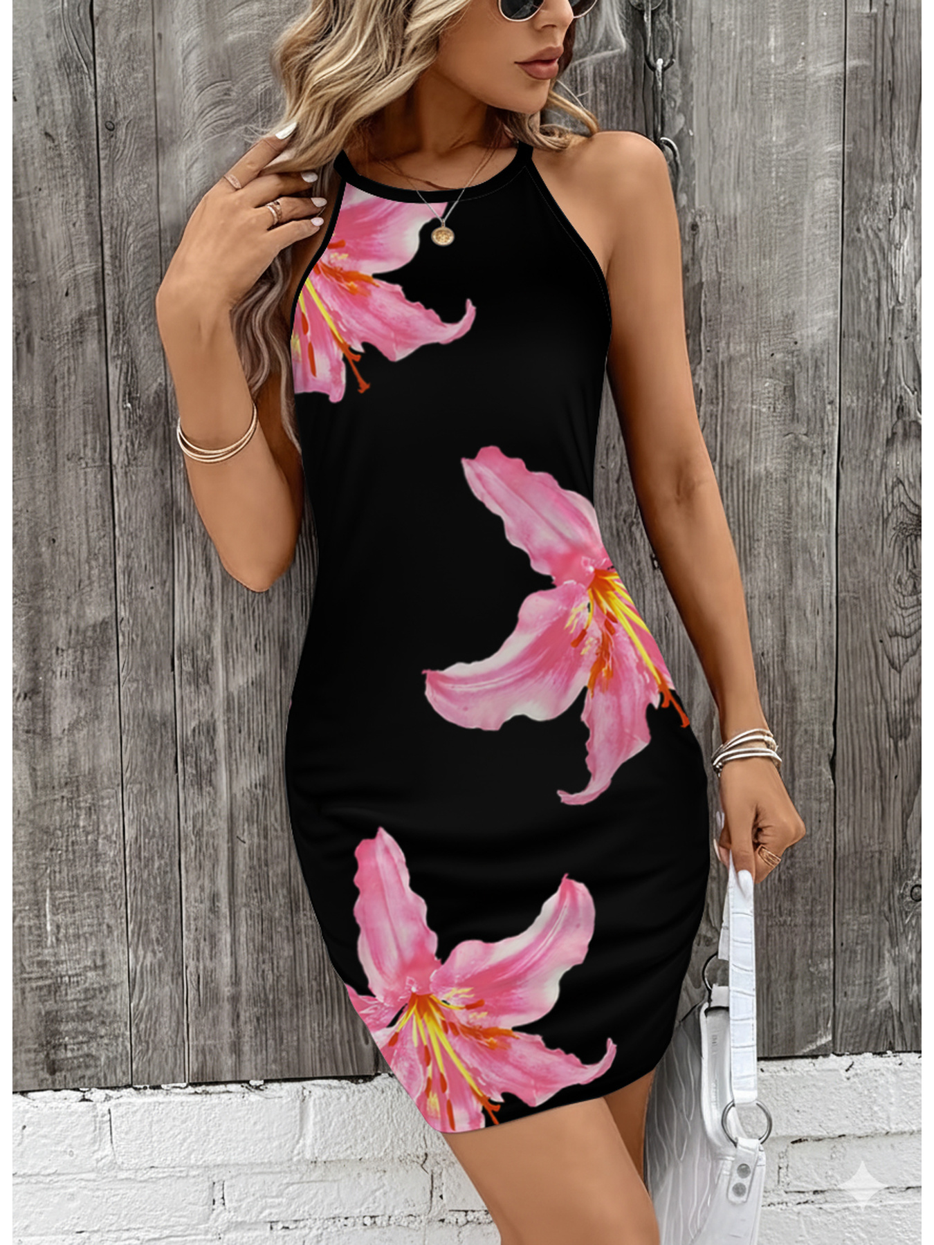 Robe d'été décontractée et élégante pour femmes, imprimé floral, col rond, sans manches, jupe mi-longue