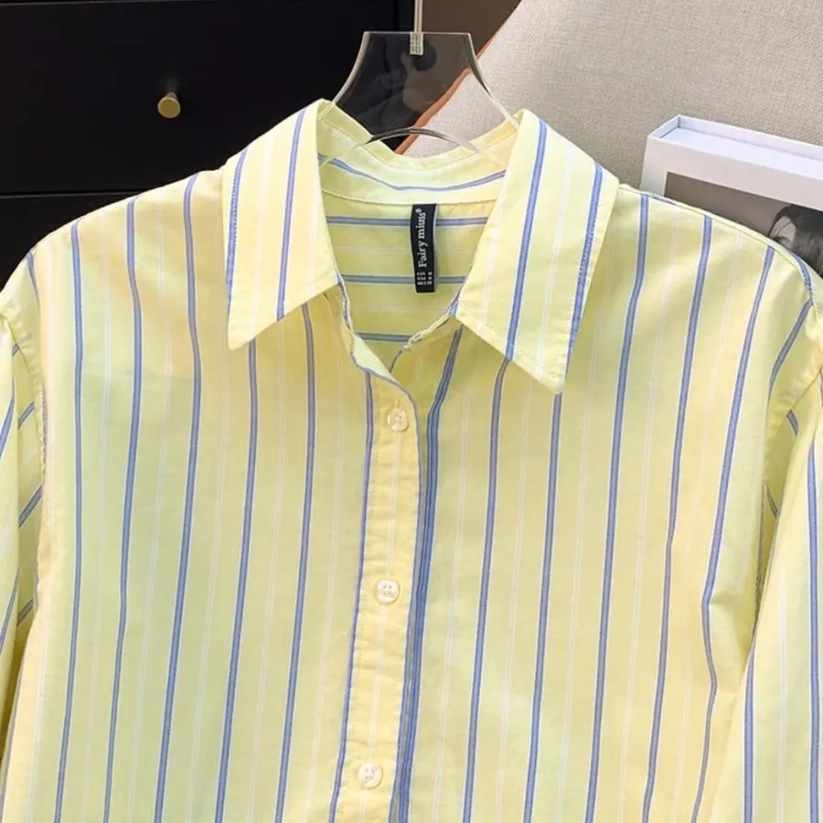 Chemise décontractée polyvalente à manches longues en pur coton rayé coloré pour femme, nouvelle collection Printemps-Automne 2026