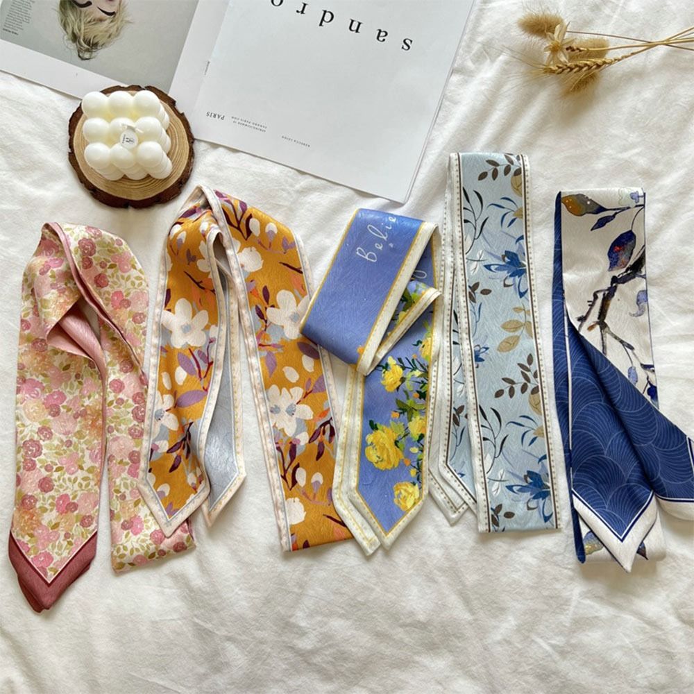 Écharpe polyvalente en ruban de soie et Satin pour femmes, motif Floral frais, cravate pour cheveux longs et fins, sangle de sac étroite, accessoire de mode tendance, été
