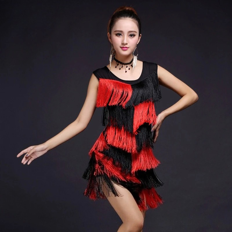 Robe de danse latine à franges et franges, Sexy, Costumes de danse pour femmes, robe courte élastique de soirée, vêtements de spectacle