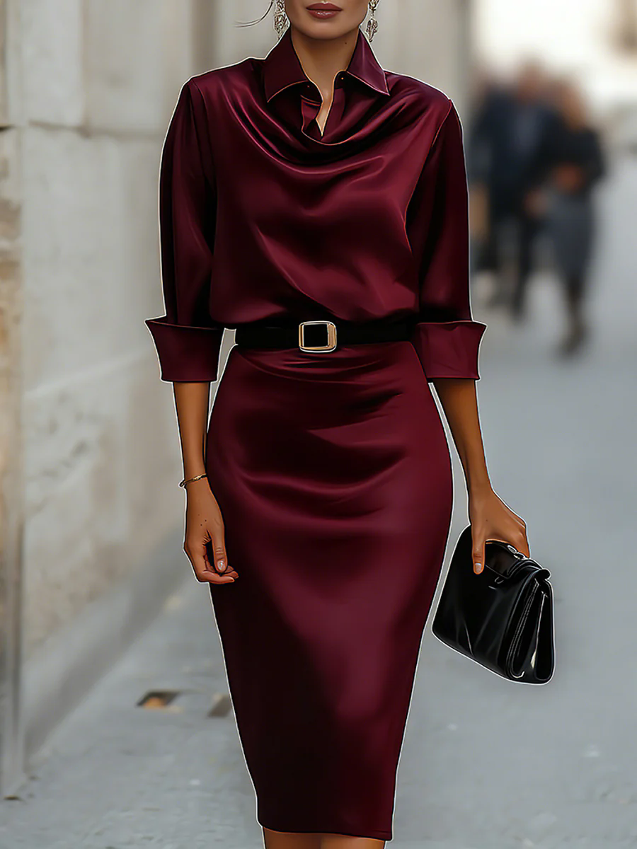 Robe chemise en satin à col bénitier avec ceinture, robe moulante mi-longue à manches longues pour femme, élégante, décontractée, pour soirée ou fête