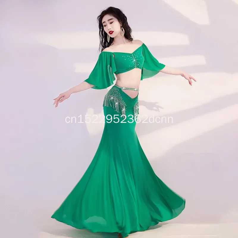 Costume de danse du ventre personnalisé, ensemble de danse du ventre, robe longue d'entraînement à pampilles, robe de spectacle de danse pour femmes, vêtements de danse du ventre