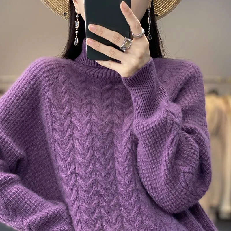 Pull en cachemire à col roulé pour femme, nouveau modèle automne-hiver, pull décontracté en tricot, streetwear.