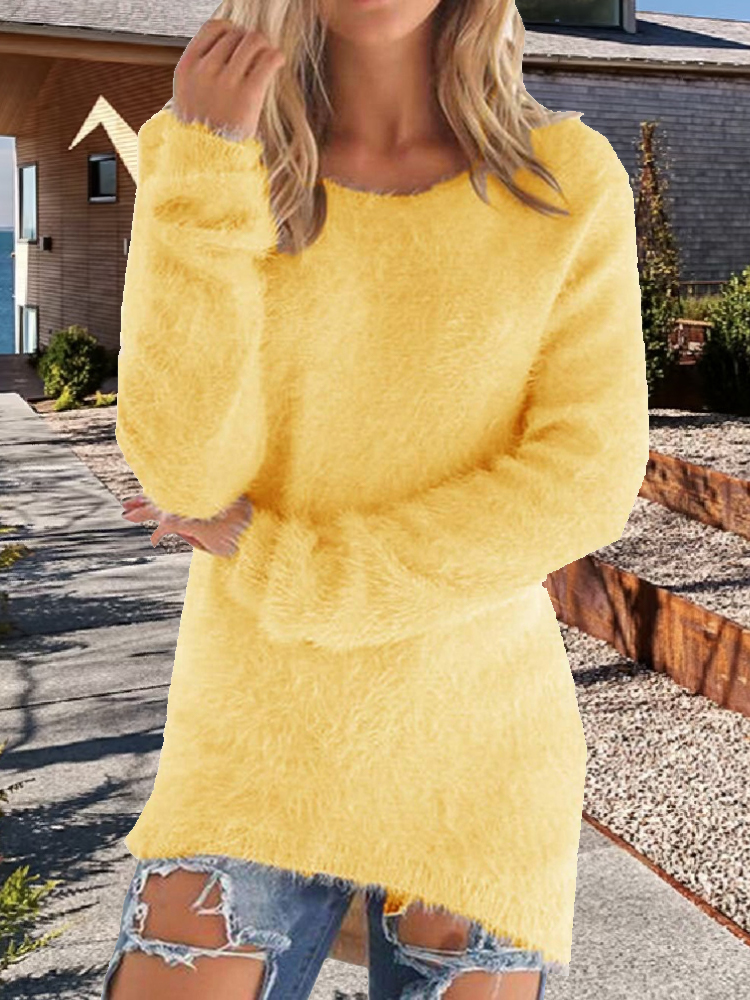 Chandails pour femmes confortable à manches longues col rond décontracté couleur unie Vintage tricoté femme élégant hiver pull chaud chandails