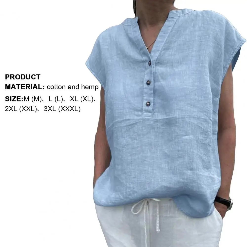 Femmes T-shirt coton lin été Blouse couleur unie Simple à manches courtes col en V séchage rapide vêtements quotidiens Ropa Mujer Blusas