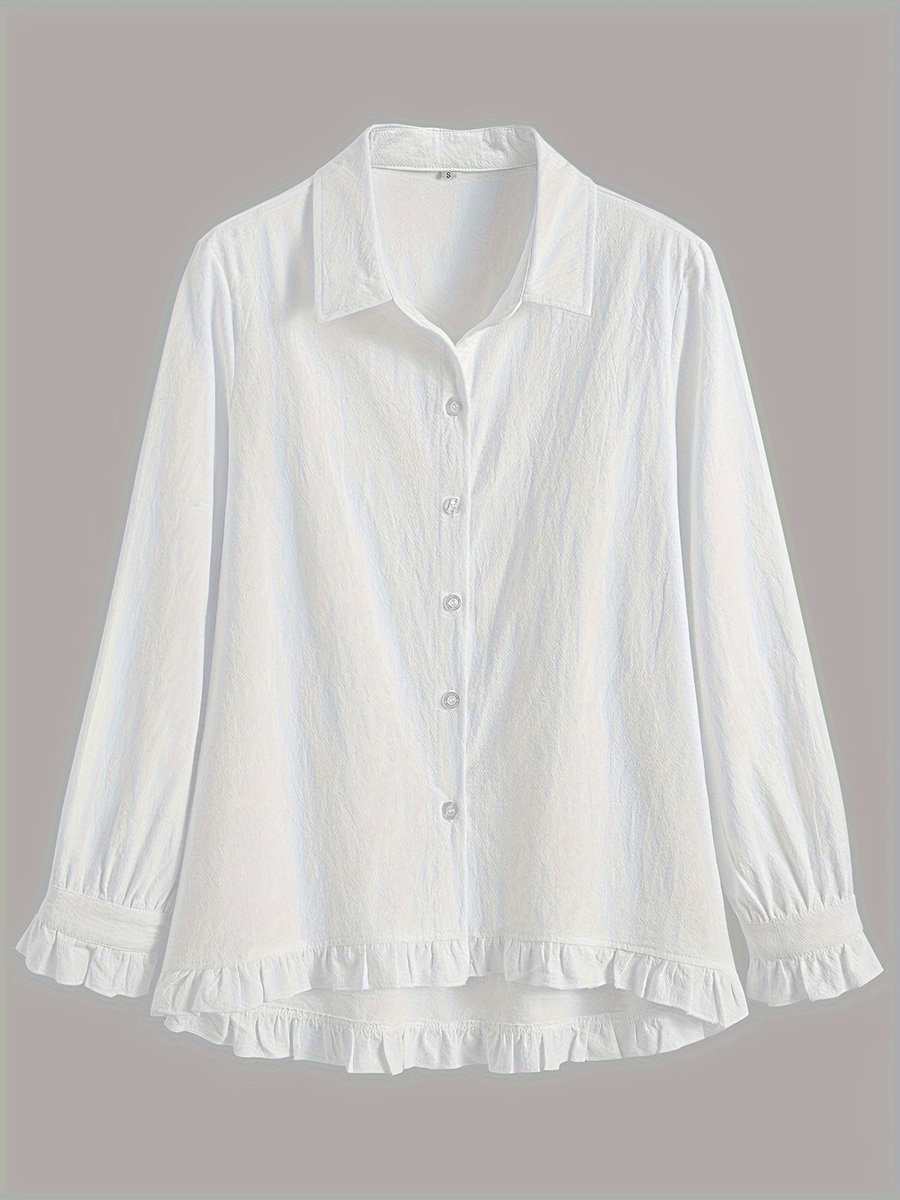 Chemisier blanc élégant à volants pour femmes, chemise à manches longues boutonnée, hauts amples décontractés vintage, vêtements décontractés pour femmes printemps automne