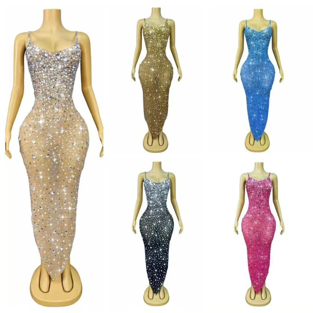 Robe de soirée de luxe pour femme, tenue de scène ou de club, avec strass et maille transparente, style moulant et sexy, idéale pour les tapis rouges et les cocktails.