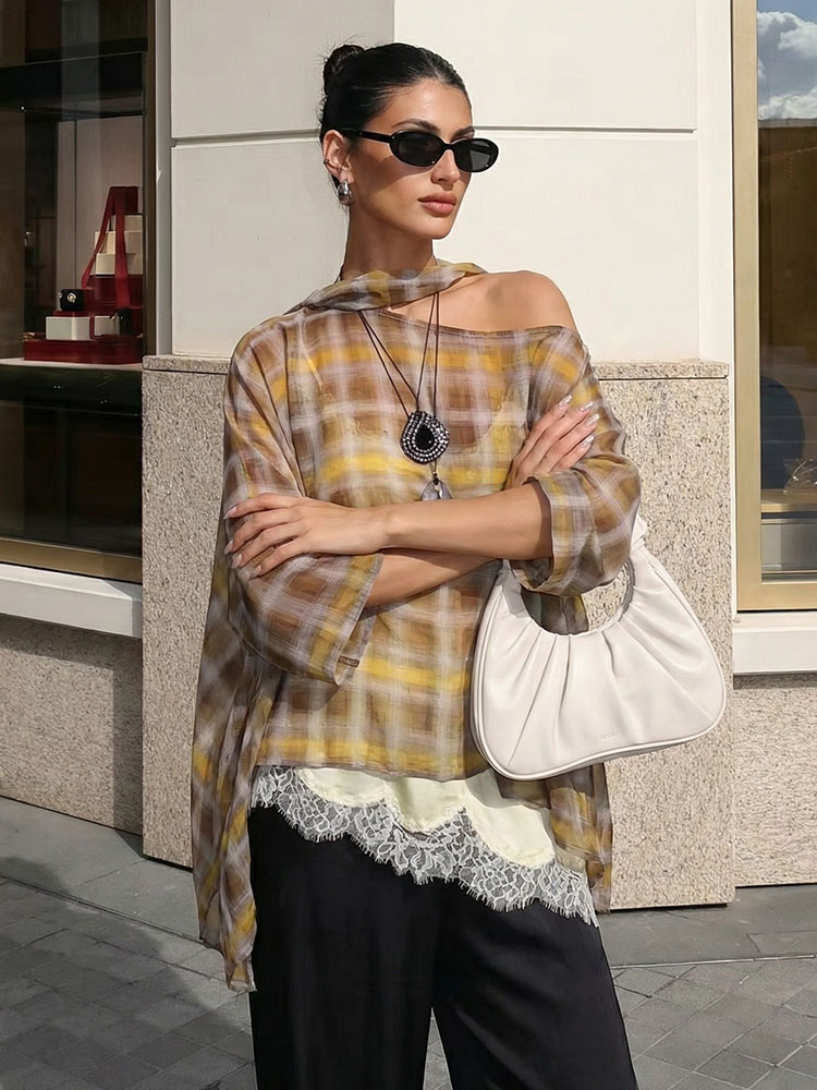 HH femmes mode Plaid imprimé Blouse Vintage décontracté ample asymétrique ourlet hauts avec écharpe été mince femme vacances plage tenues