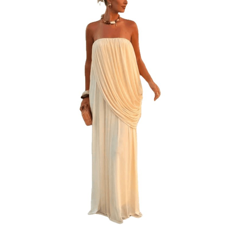 Robe de soirée élégante pour femme, couleur unie simple, sexy, avec plis, bustier, longue, design tendance, coupe irrégulière, ample, Vestidos