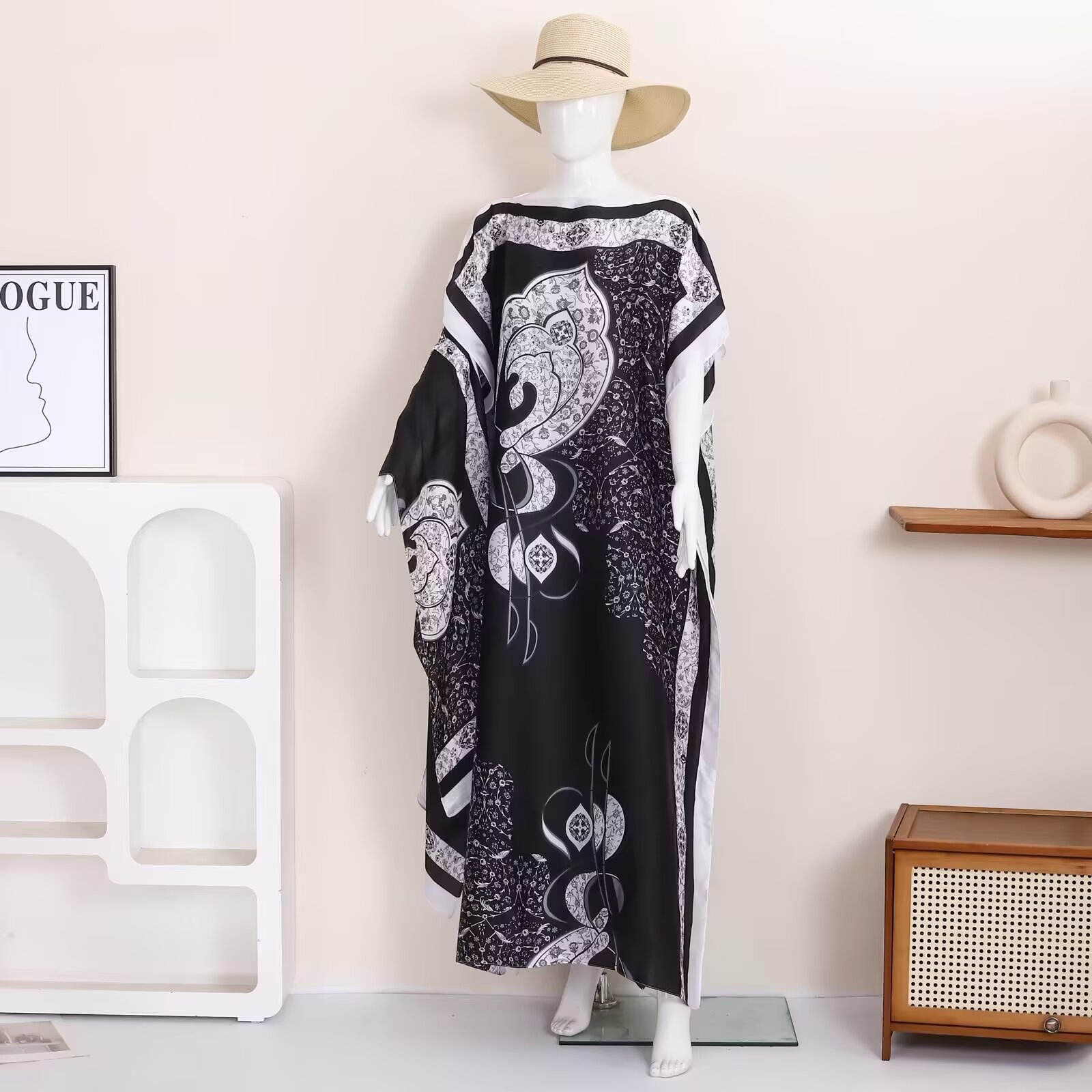 Robe longue décontractée en satin multicolore à motif floral persan pour femme, ample, idéale pour les vacances à la plage, avec foulard assorti