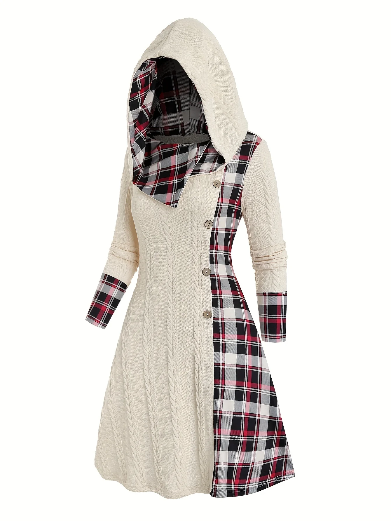 Robe tricotée à capuche, imprimé à carreaux, couture, fausse boucle, taille haute, manches longues, robe trapèze pour femme