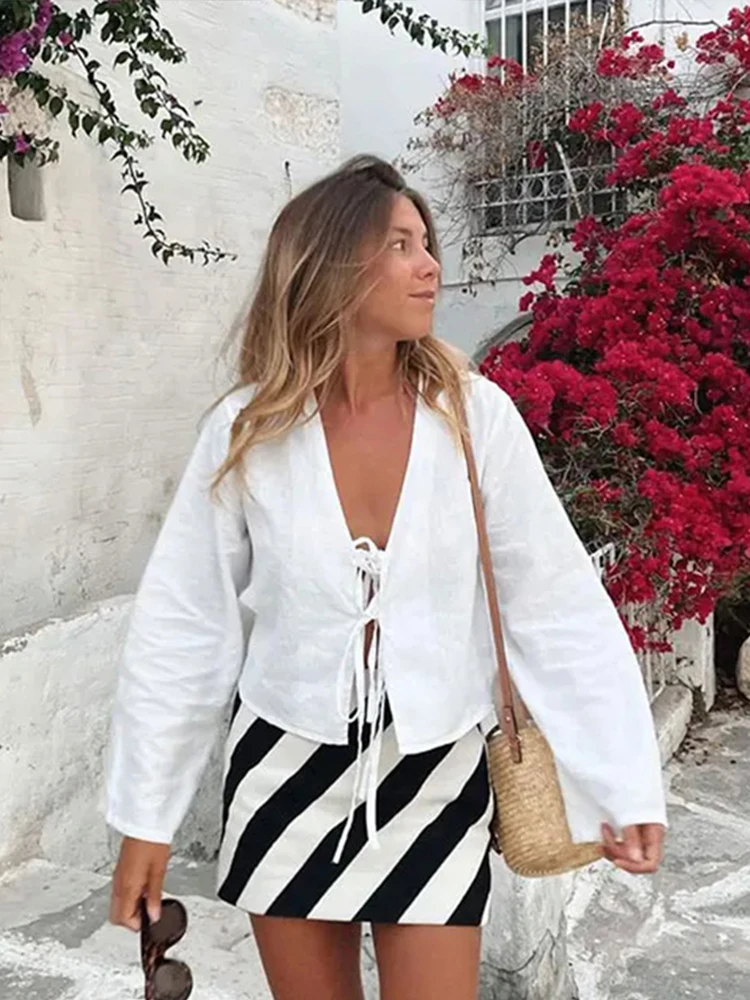 Chemises à lacets avec nœud pour femmes, lin, évider, col en V, manches longues, lin chic, mode coréenne pour dames, streetwear de printemps, Y-2024