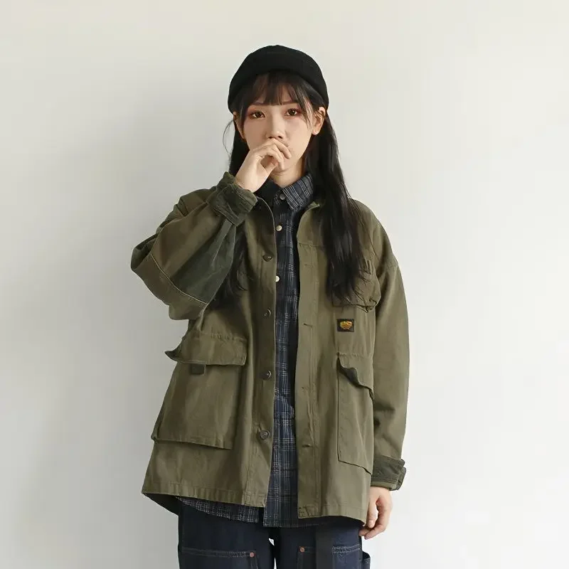 Japonais Cargo Vintage femmes hommes printemps automne vêtements Harajuku coton manteau militaire poche boutons vêtements de travail Streetwear