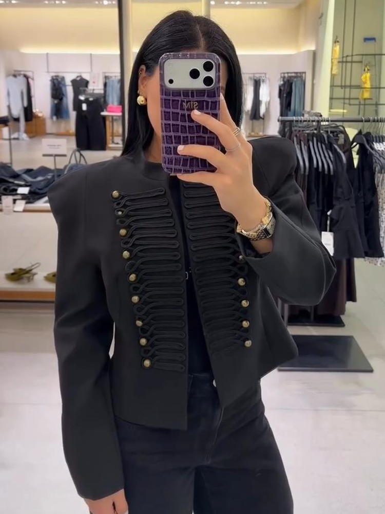 Veste de printemps pour femme, blazer court style militaire, avec bordure en cordon tressé, boutons dorés, épaulettes rembourrées, vêtements pour femme