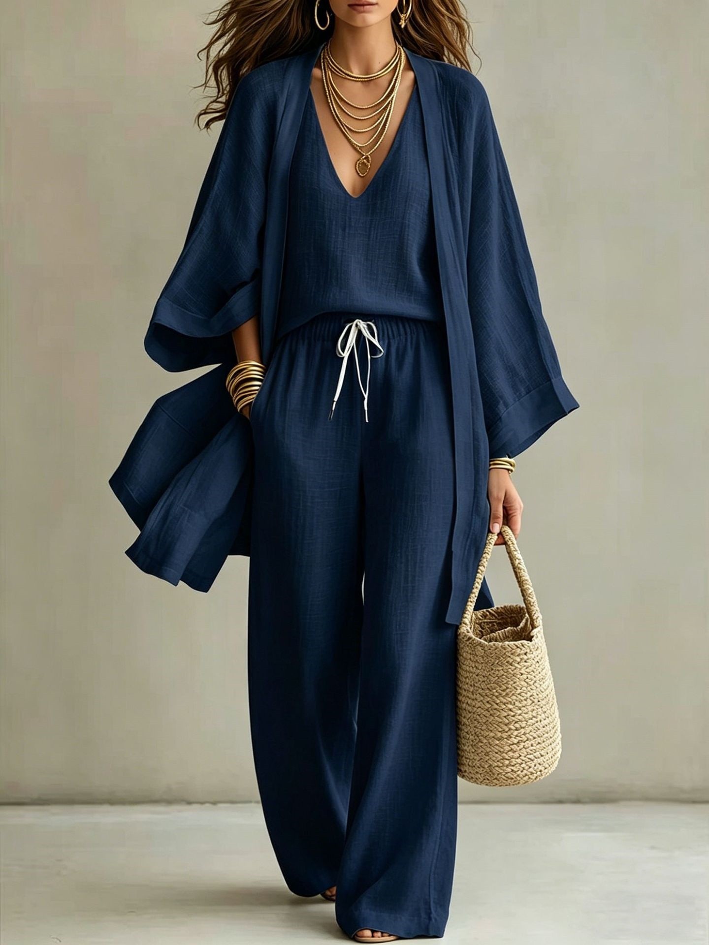 Ensemble 3 pièces pour femme, cardigan kimono, débardeur à col en V, pantalon large, costume léger et ample pour les vacances, les trajets quotidiens
