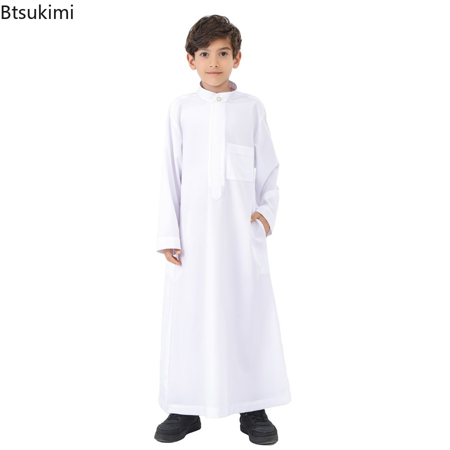Robe caftan à manches longues pour enfants musulmans, vêtements pour garçons, mode, couleur unie, arabe, islamique, Thobe, Pakistan, marocain